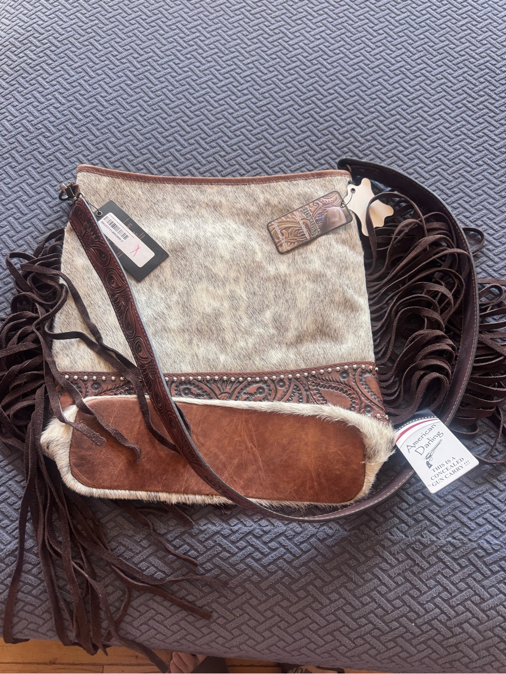 American Darling Hair-On Hide Fringe Shoulder Bag in Brown and Cream